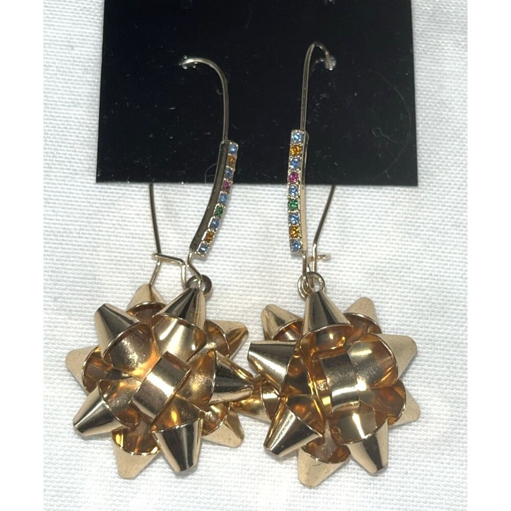 Betsey Johnson Christmas Gift Bow Drop Earrings Gold Tone Rhinestone Holiday
